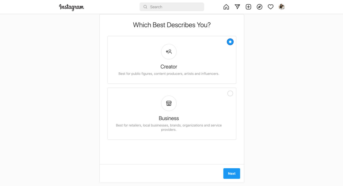 Select between creator or business account