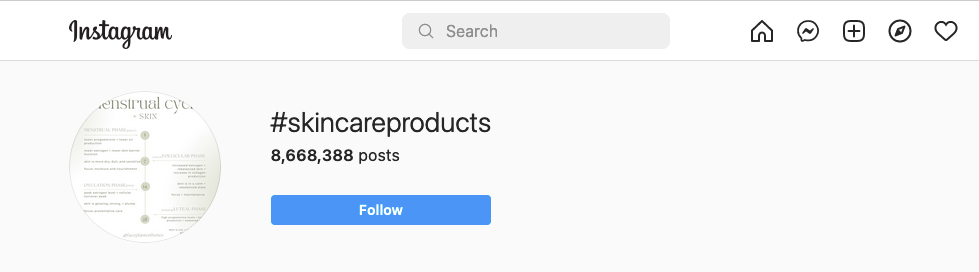 screenshot of #skincareproducts hashtag search result on Instagram
