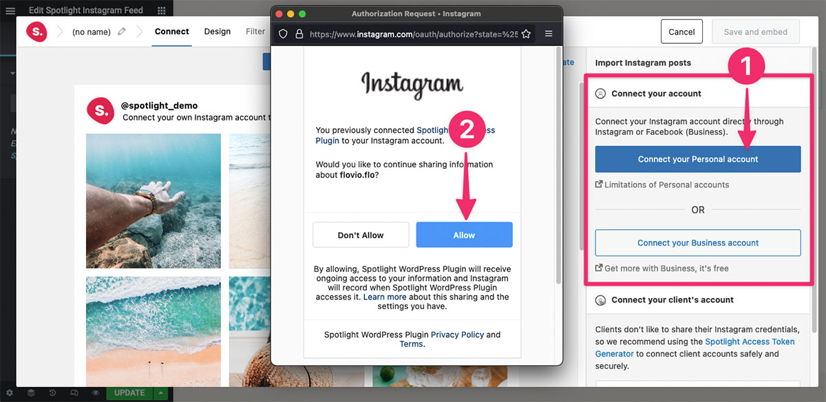 screenshot of Spotlight PRO menu connecting to Instagram acount