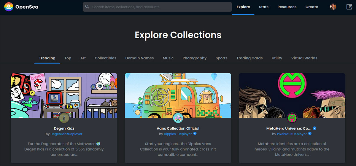 screenshot of OpenSea Explore collections