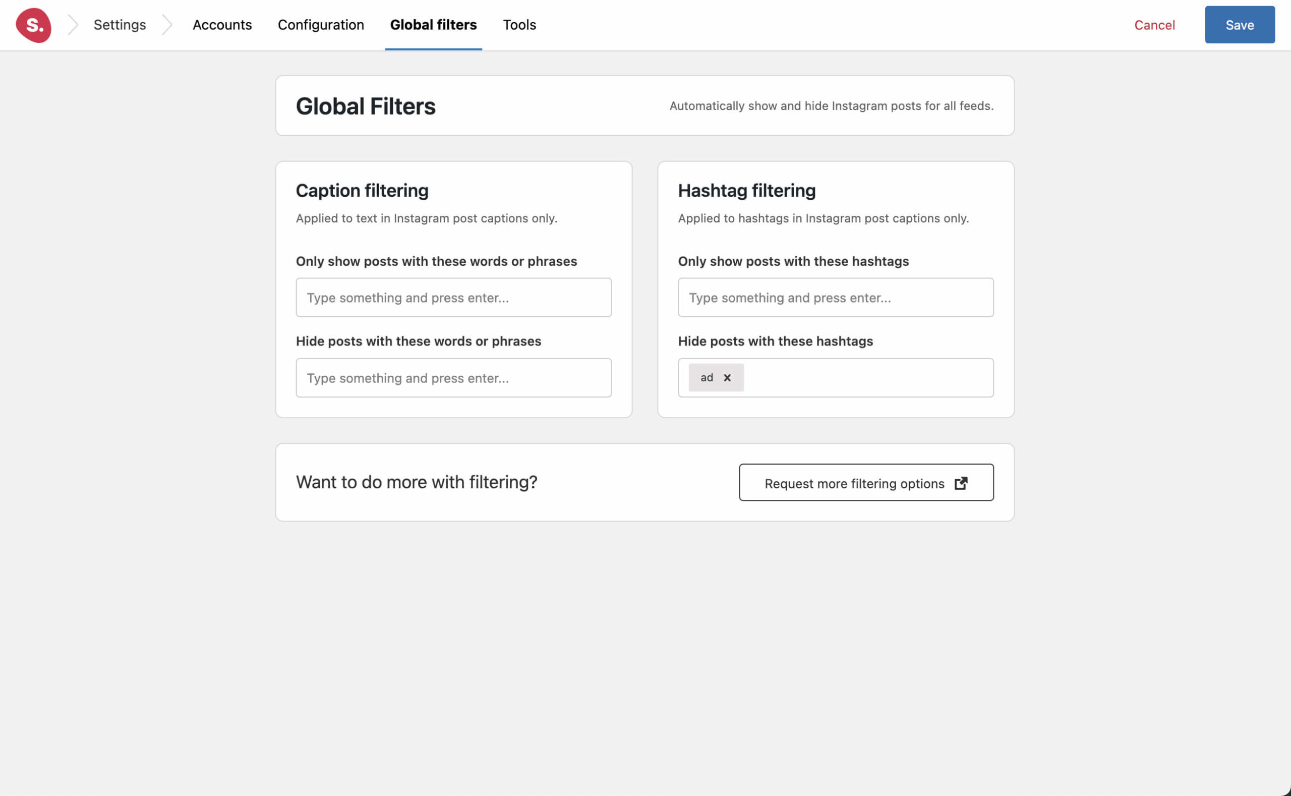 Global Filters settings menu