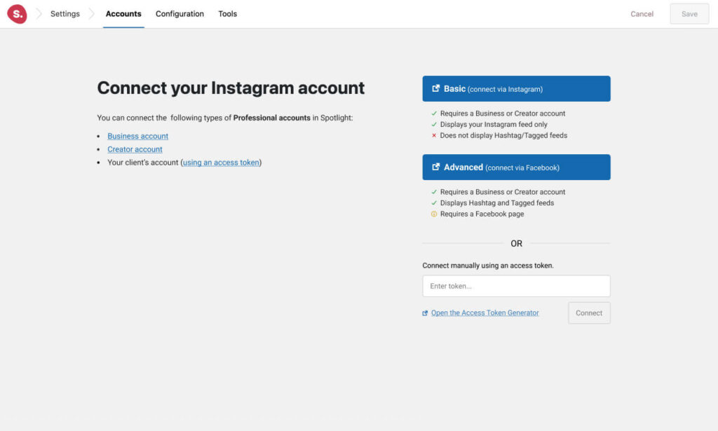 Connecting an Instagram account with Spotlight