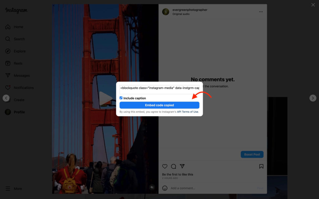 Copy the embed code to add an Instagram post to your website without a plugin.