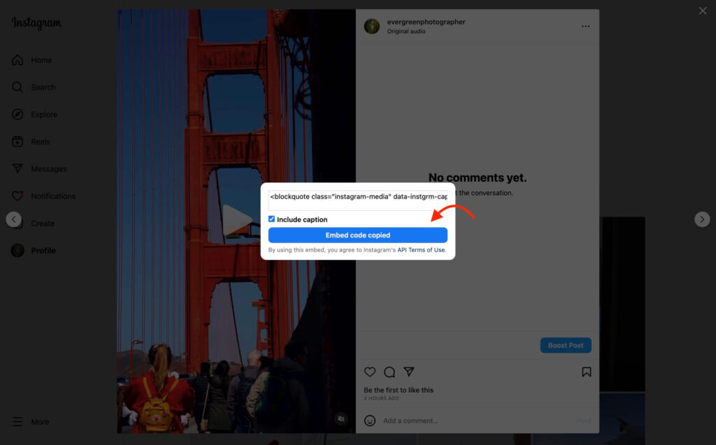 Copia el código de inserción para añadir una publicación de Instagram a tu sitio web sin necesidad de un plugin.