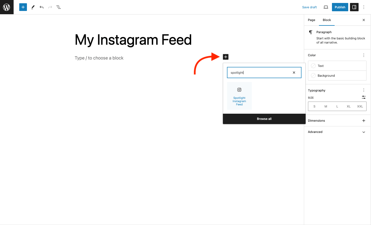 A screenshot demonstrating how to add a Spotlight Instagram feed to an already existing WordPress page.