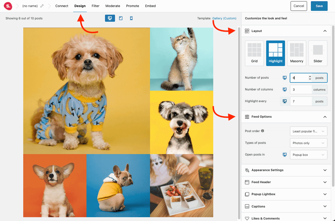 Screenshot demonstrating how to customize a tagged Instagram feed from the design tab on the Spotlight plugin.
