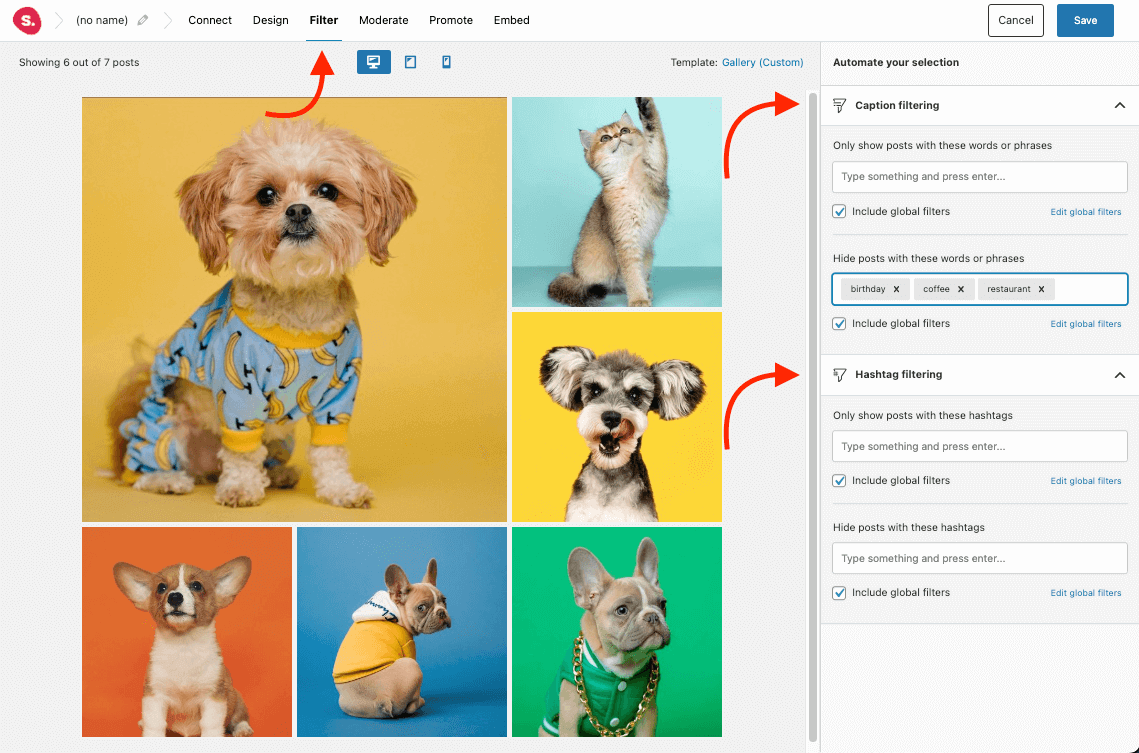 Screenshot explaining how filter user generated content from the Filter tab.