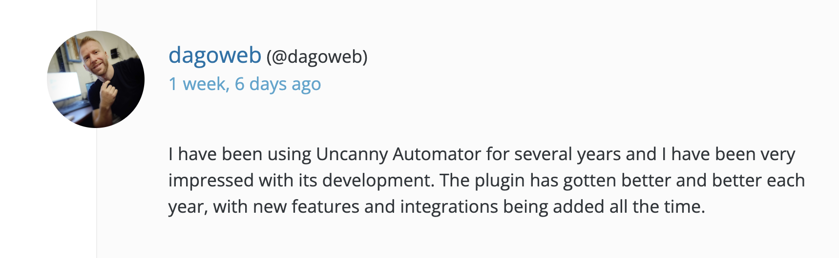 A written review by dagoweb, explaining why Uncanny Automator is the best Instagram plugin for WordPress.