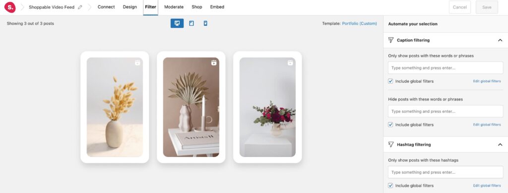 Filter shoppable Instagram video feed display