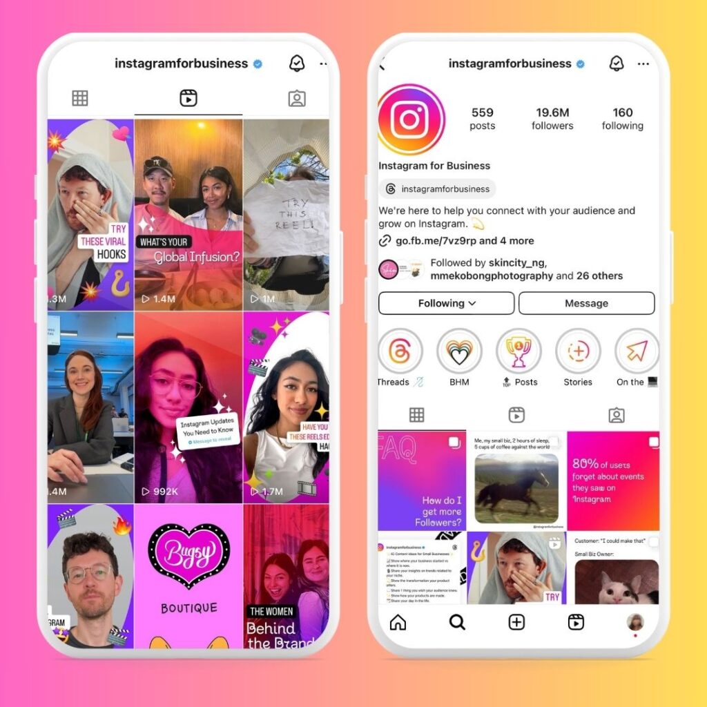 Cuenta de Instagram para empresas utilizada para compartir consejos útiles para el crecimiento de los carretes de Instagram.