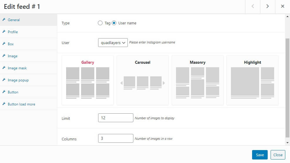 Opciones de personalización de la Social Feed Gallery