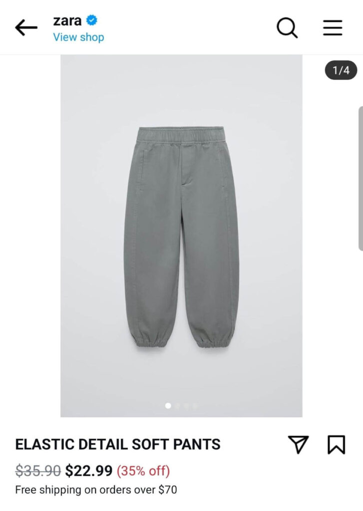 A zara Instagram shop showing pants for sale