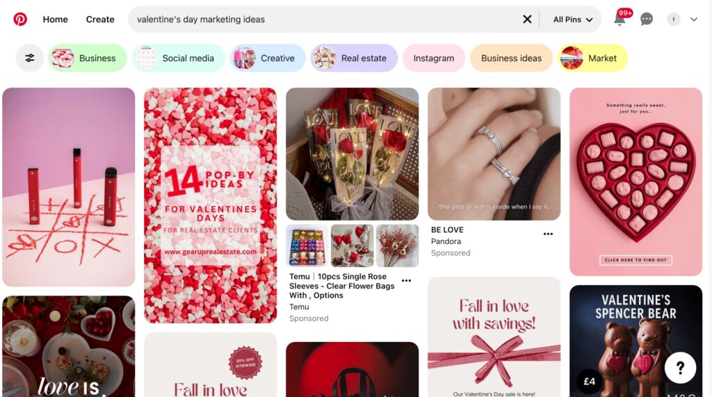 Pinterest board showing valentine's day ideas