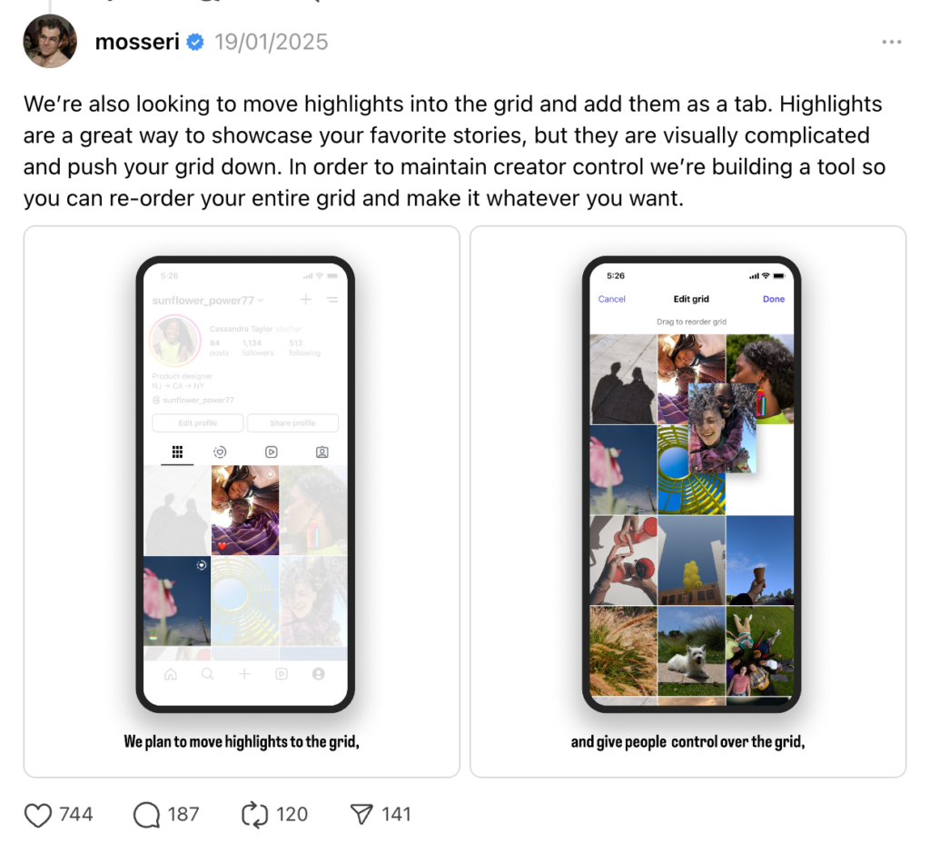 Mosseri on Threads about Instagram's grid rearrangement feature