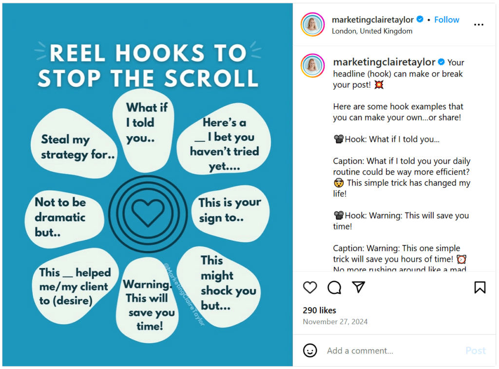 Examples of Instagram hooks from a post