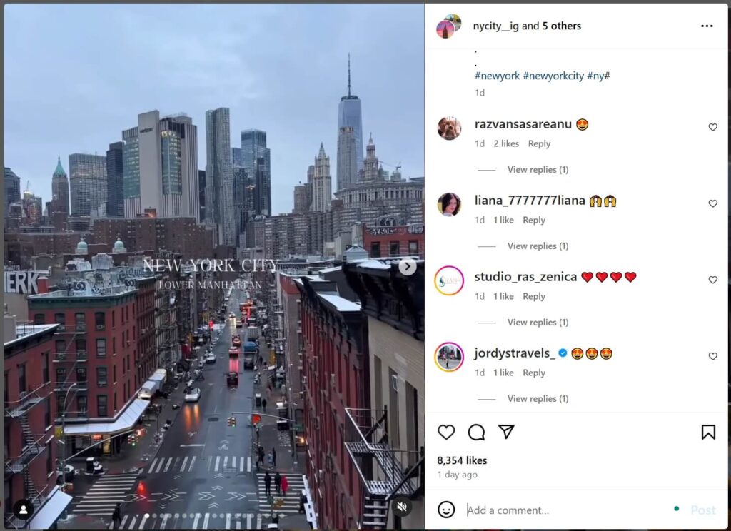 An Instagram post with New York hashtags and geotags