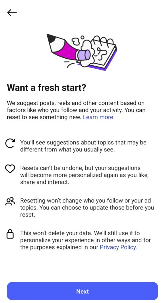 Confirming you want to reset the Instagram feed