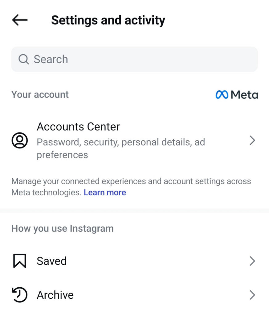 Instagram's settings and activity menu