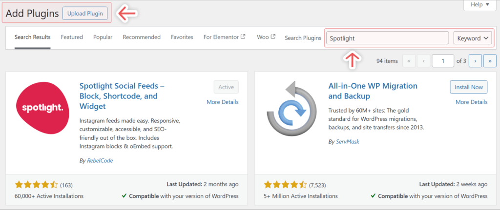 Upload and install the Spotlight plugin