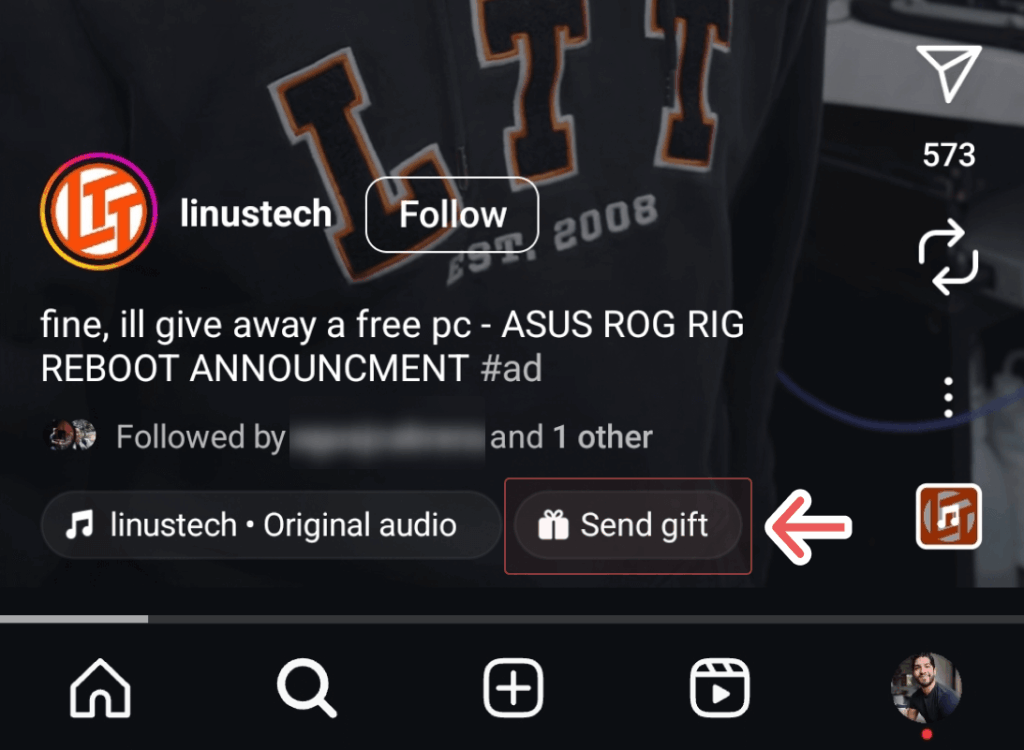 Sending a gift through an Instagram reel