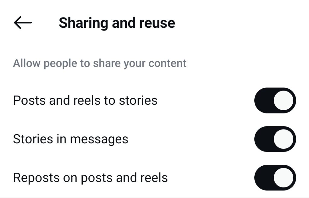 Configuring the reuse settings in Instagram