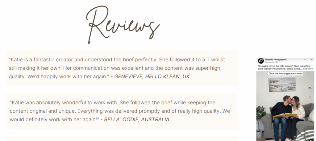 Testimonials for a UGC creator
