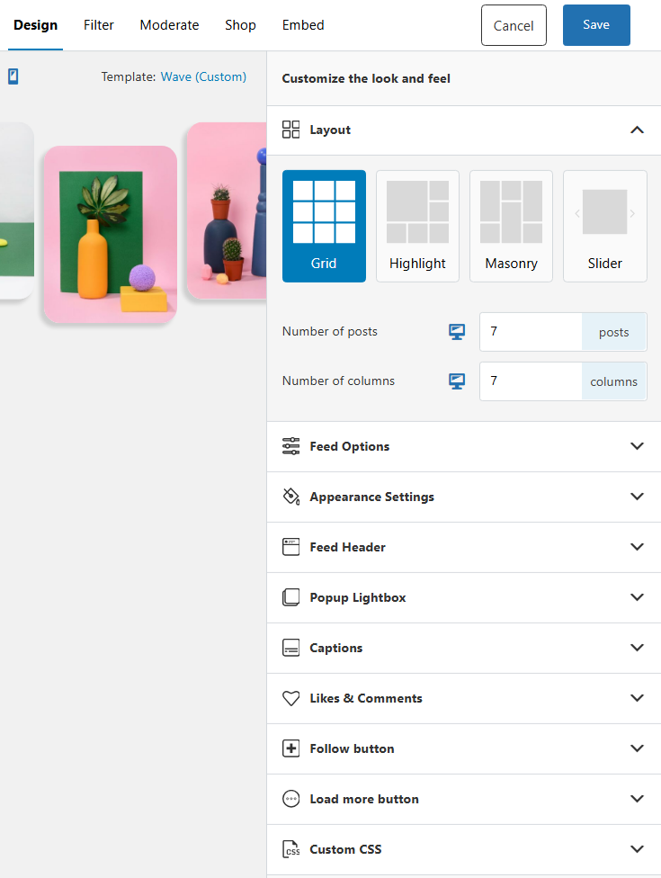 Customizing a feed's design options