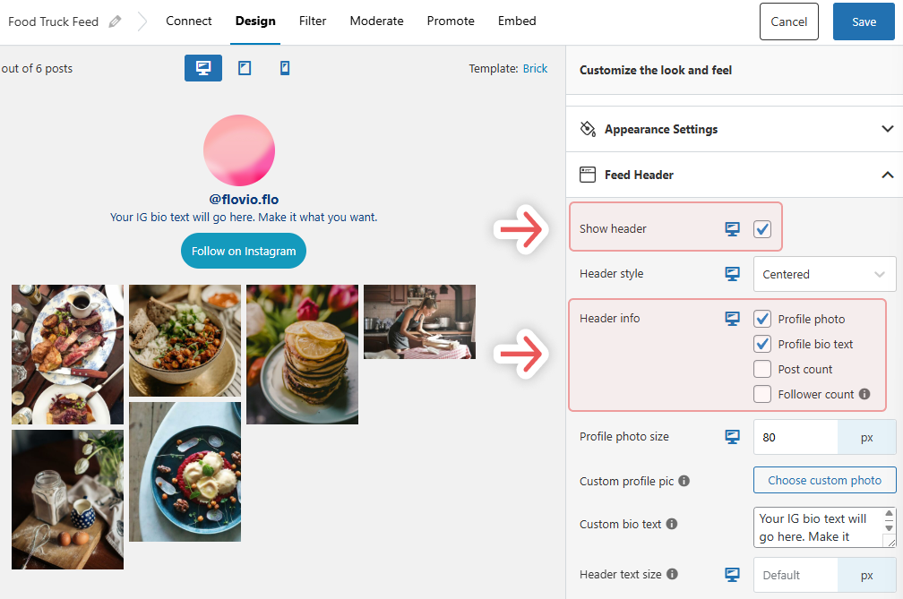 Configuring the header and bio info for a Spotlight Instagram feed