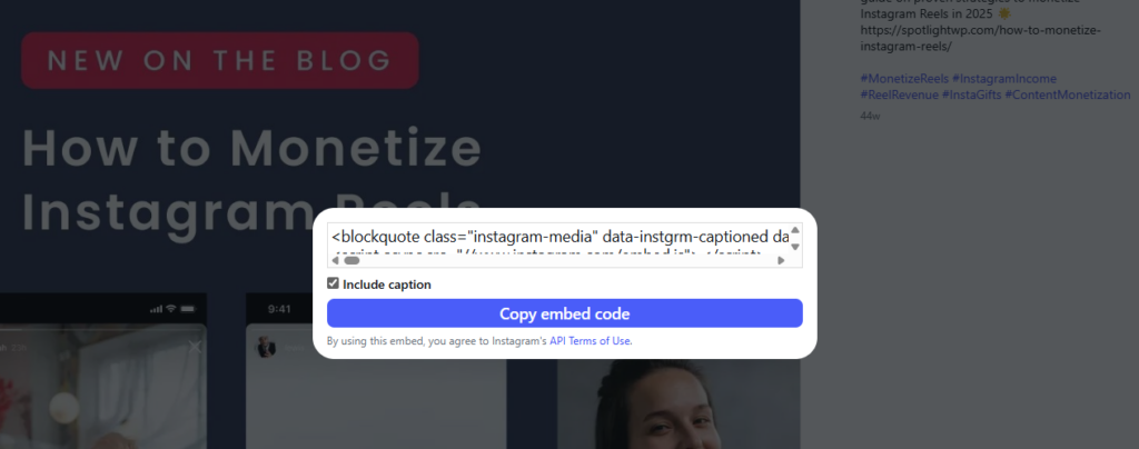 Getting the embed code from an Instagram post