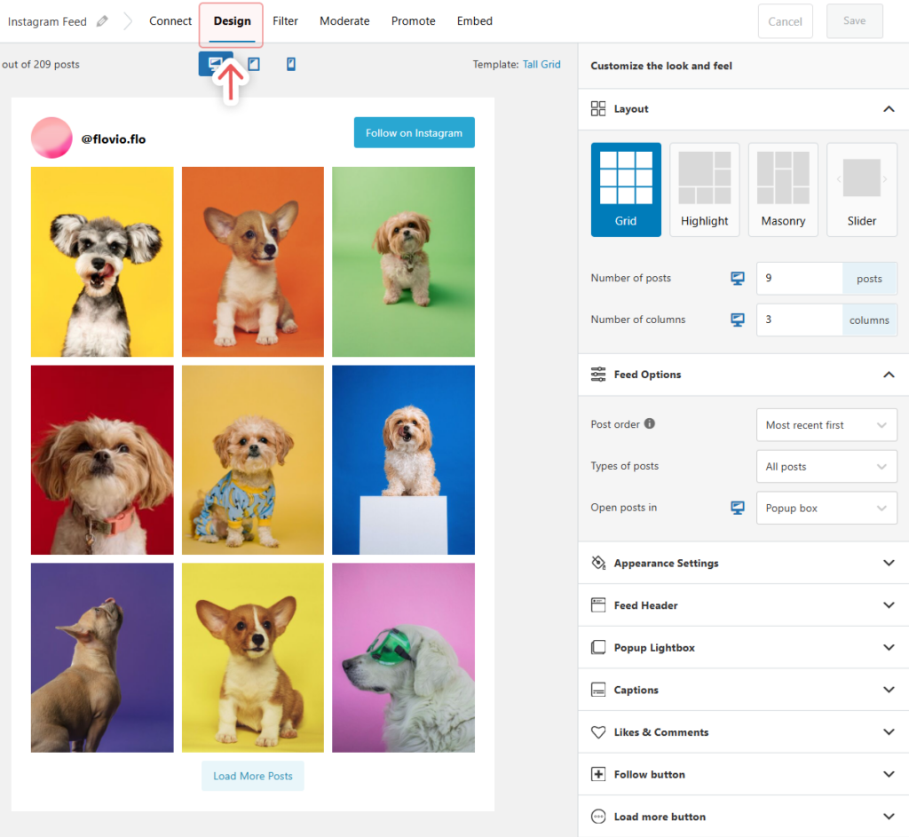 Customizing the Instagram feed design in Spotlight