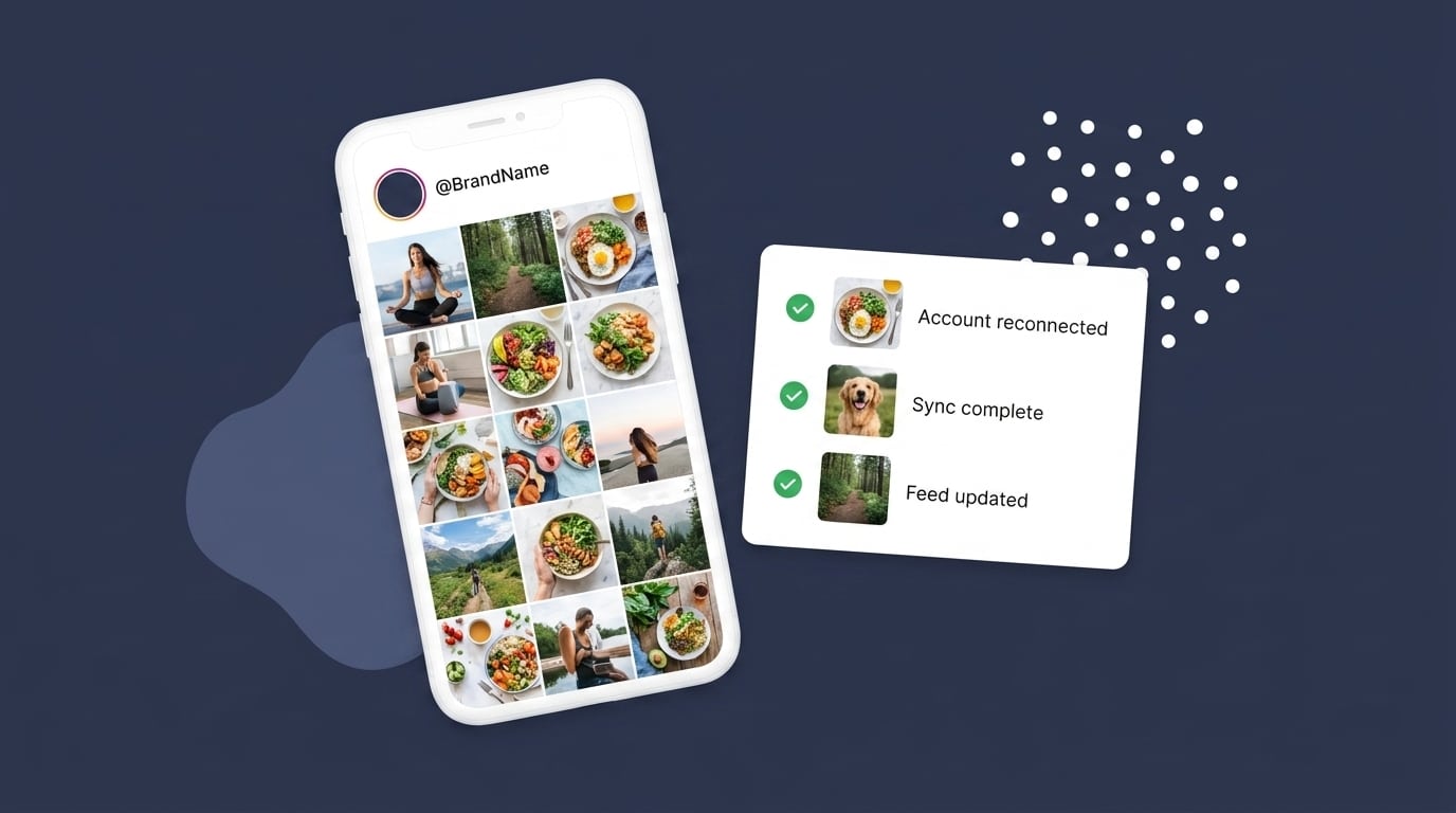 A working Instagram feed inside the Spotlight WordPress plugin alongside a status card showing Account reconnected, Sync complete, Feed updated