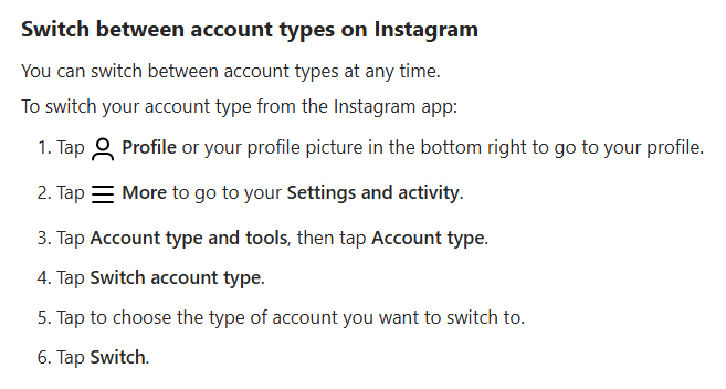 Instagram help center page showing the six numbered steps to switch between account types from the Instagram mobile app