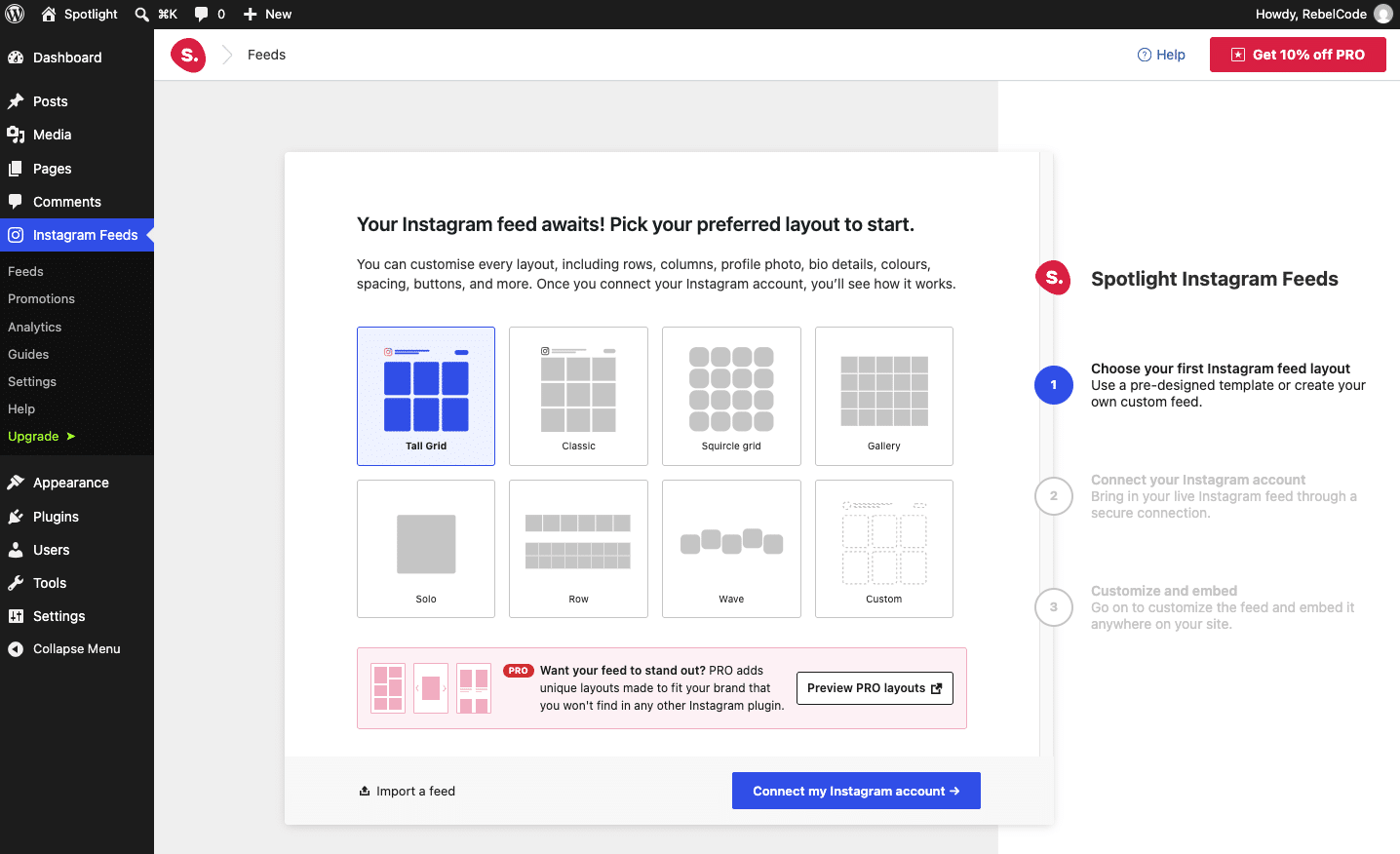 Spotlight's new feed layout step with the free templates, Tall Grid selected, a Custom option and the Preview PRO layouts banner.