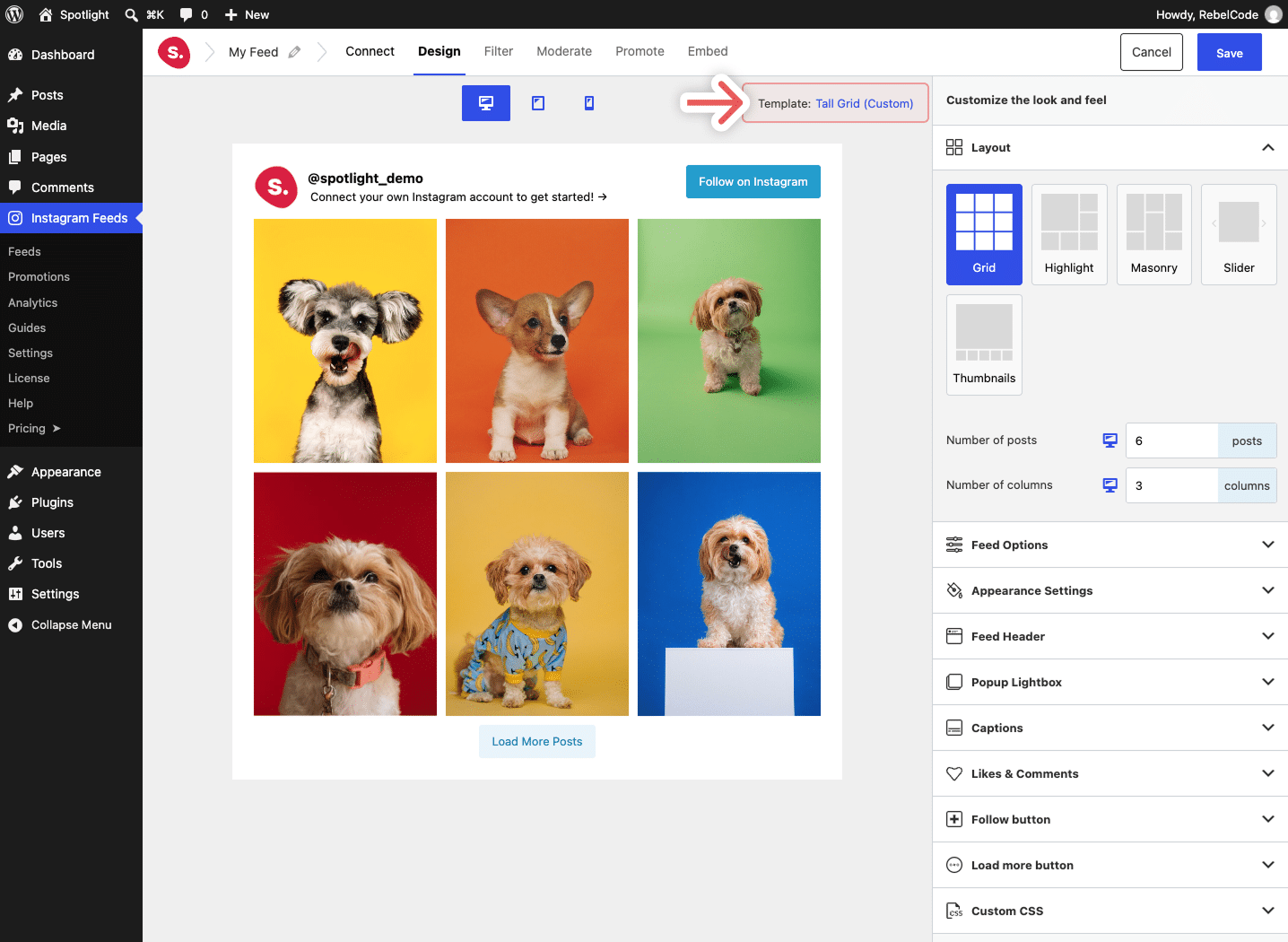 Spotlight's feed editor with the Template link above the preview highlighted, used to switch to a different template.