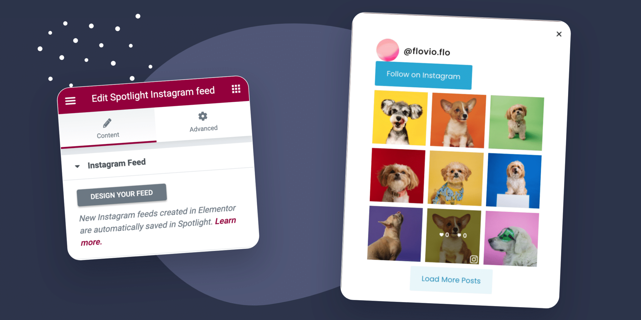 Elementor's Spotlight controls on the left and a finished Instagram feed on the right