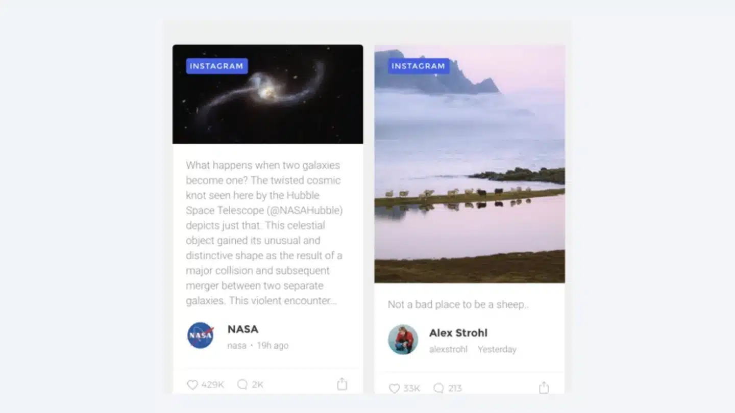 Flow-Flow social stream showing complete Instagram feed cards
