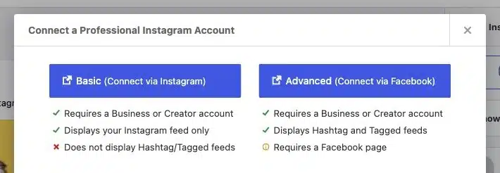 Spotlight connection dialog comparing Basic Connect via Instagram with Advanced Connect via Facebook