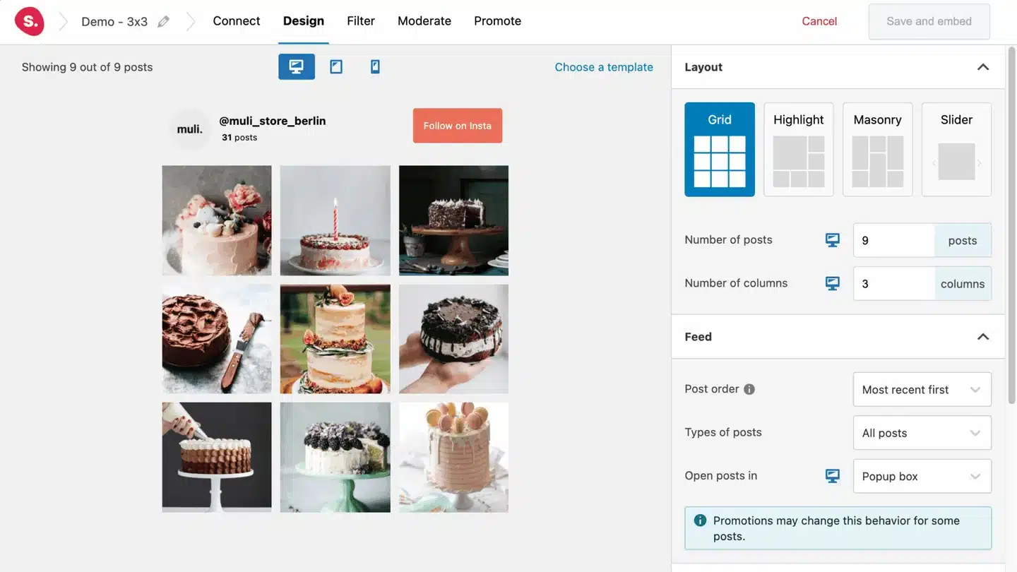 Spotlight feed editor with a live Instagram preview and layout controls