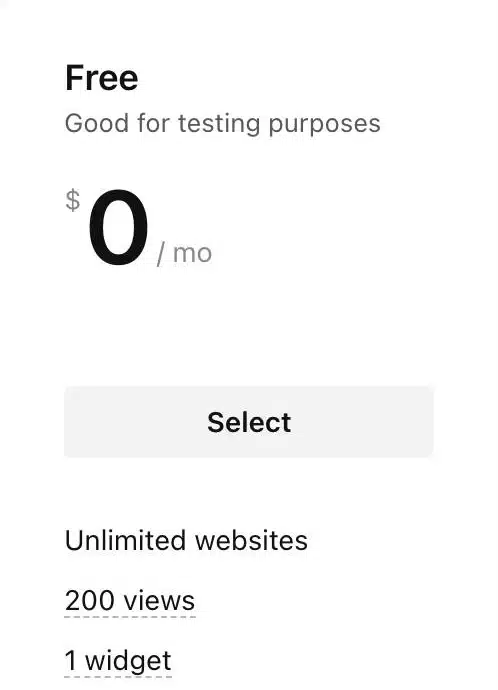 Elfsightโs free plan selection: zero dollars per month, unlimited websites, 200 views and one widget.