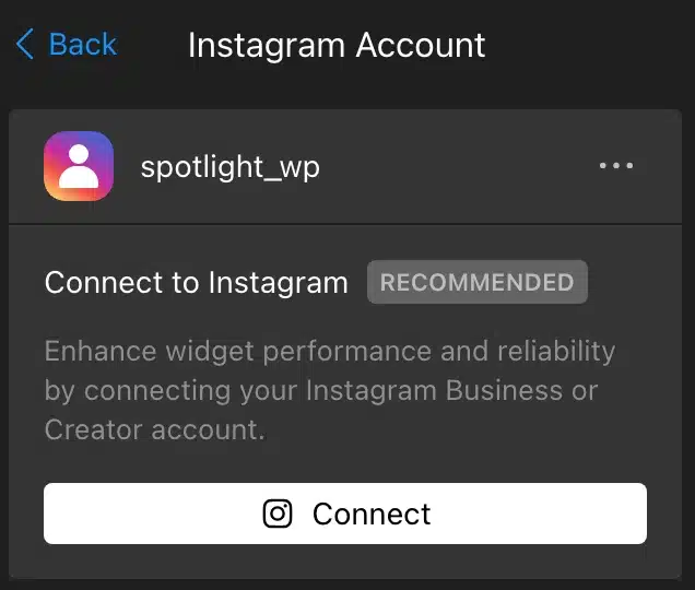 Elfsightโs source panel shows Spotlightโs Instagram profile loaded and recommends connecting a Business or Creator account.