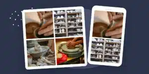 Pottery-making and finished ceramics arranged in overlapping photo-feed frames.