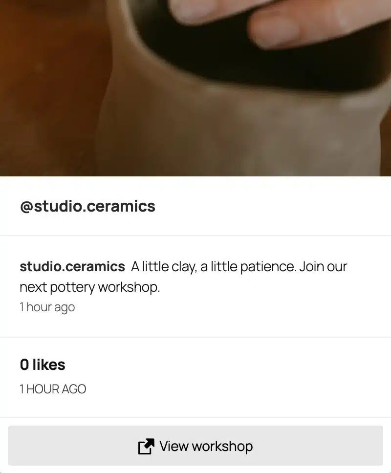 Detail of the Spotlight feed popup showing a pottery post and the View workshop button.