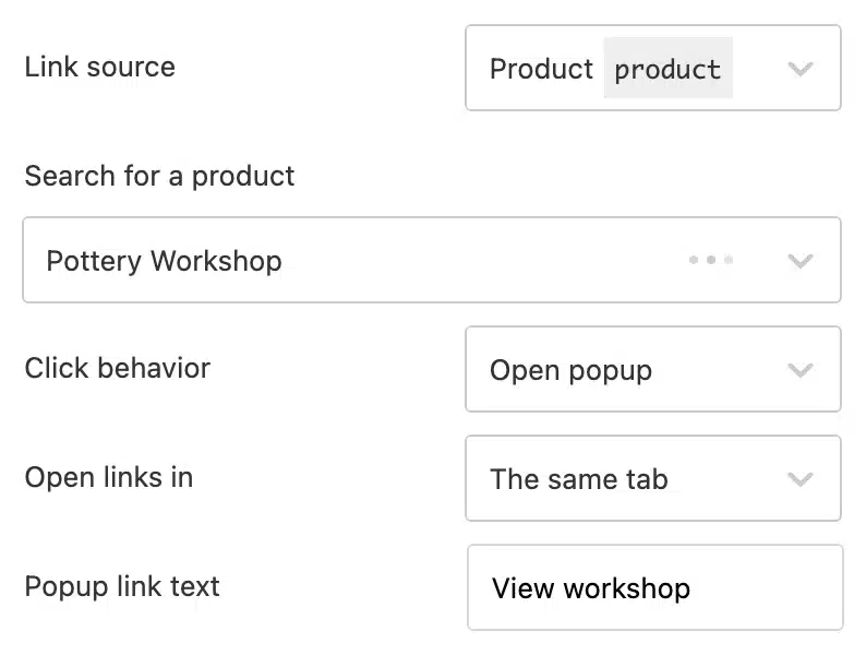 Spotlight Promote controls with the Pottery Workshop WooCommerce product selected and popup link text set to View workshop.