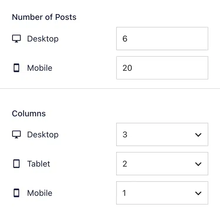 Smash Balloon Free settings for desktop and mobile post counts and desktop, tablet and mobile columns.