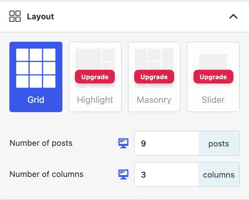 Spotlight Free grid layout with post-count and column controls.