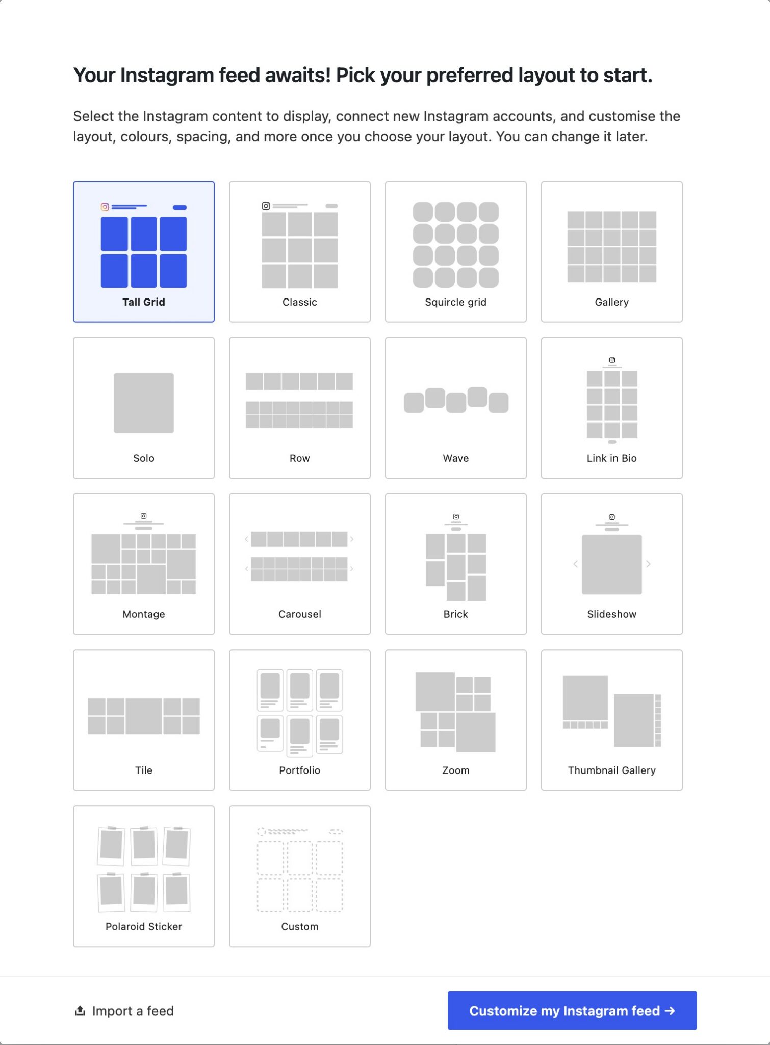 The layout picker that opens when you create a new feed in Spotlight 1.8