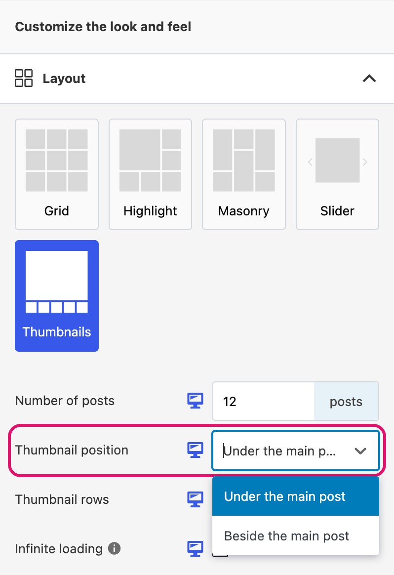 The Thumbnail position setting in the Spotlight Layout section